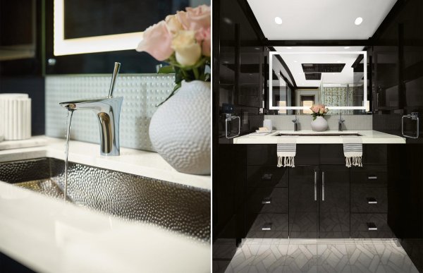 Тази красива баня е също толкова луксозна, колкото и останалата част от този кемпер. В зависимост от плана, който изберете, ще получите огромен душ, изцяло облицован с плочки, мивка с корито и катедрален таван за допълнителна височина.

Кухнята може да се похвали с полирани кварцови плотове, шкафове от твърда дървесина в европейски стил и джаджи от най-високо ниво като огромен хладилник от неръждаема стомана с френска врата, индукционен котлон и микровълнова печка Wolf, съдомиялна машина Fisher & Paykel, мивка и голям килер.
